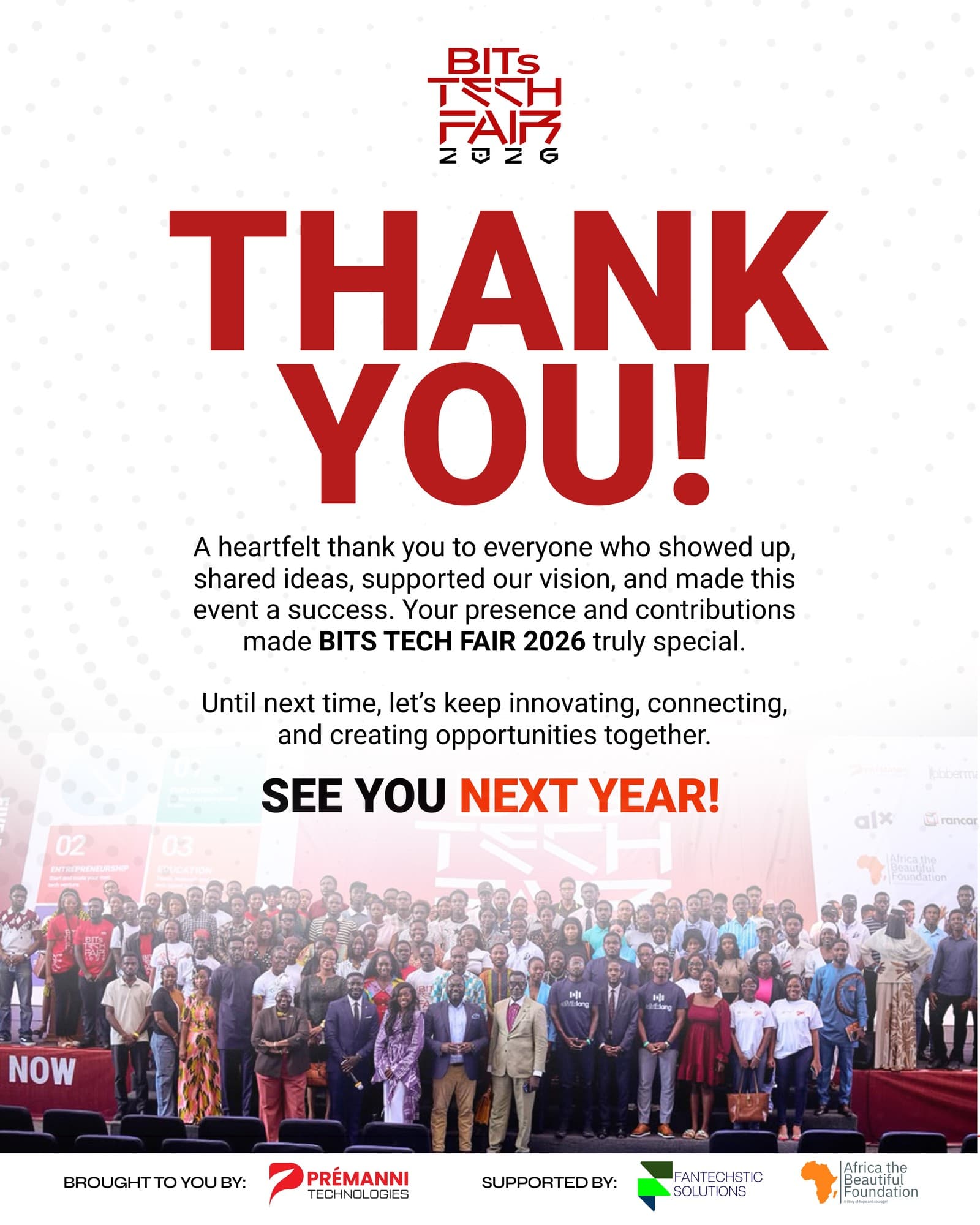BITs Tech Fair 2026 — Official Thank You Flyer and Auditorium Group Photo